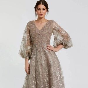 Mac Duggal Mocha Colored Shimmering Long Sleeve Dress